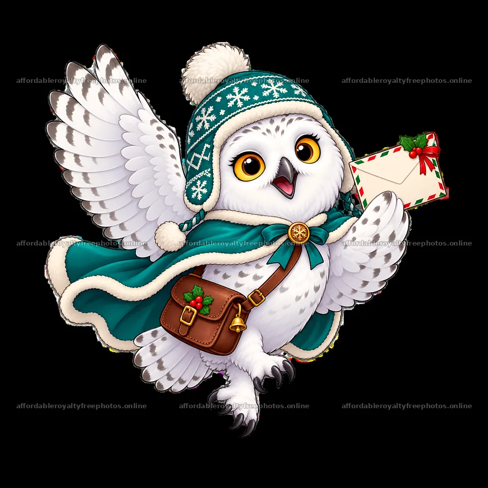 Owl character in winter hat with letter flying by – royalty-free photos 7746x7746
