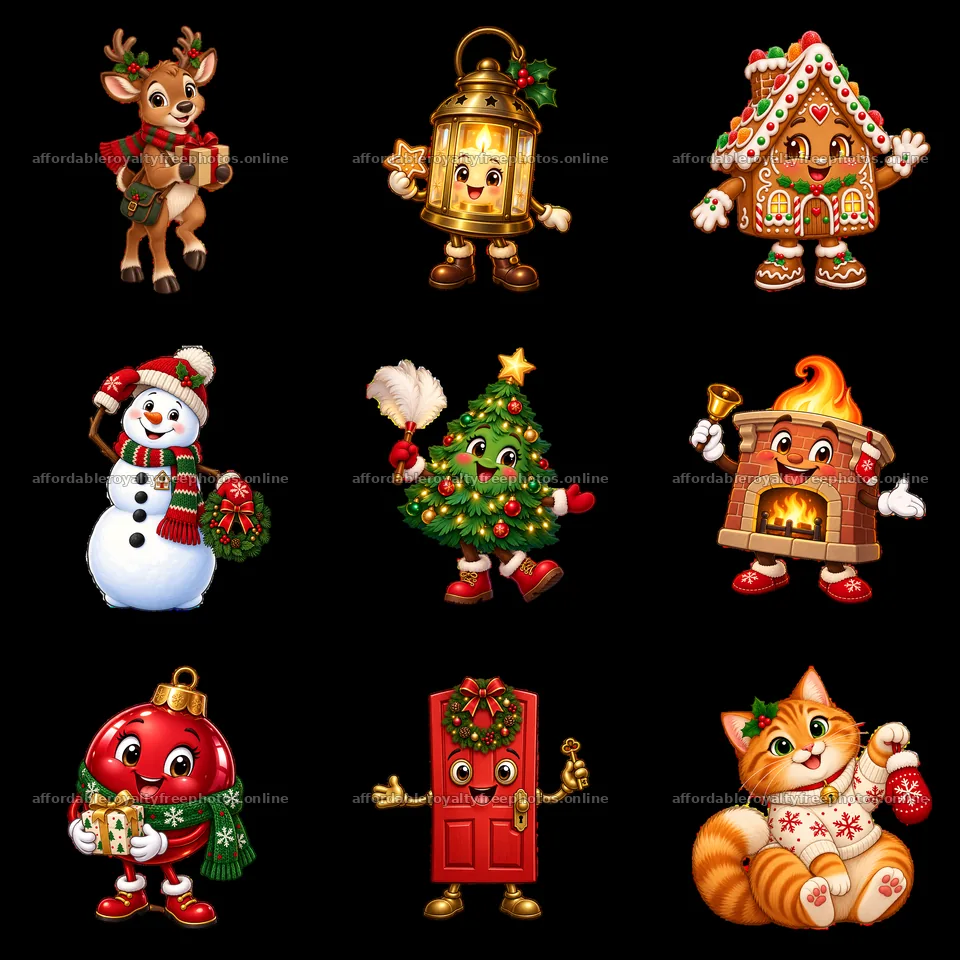 Cartoon Christmas characters in a 3x3 grid with festive – royalty-free photos 7746x7746