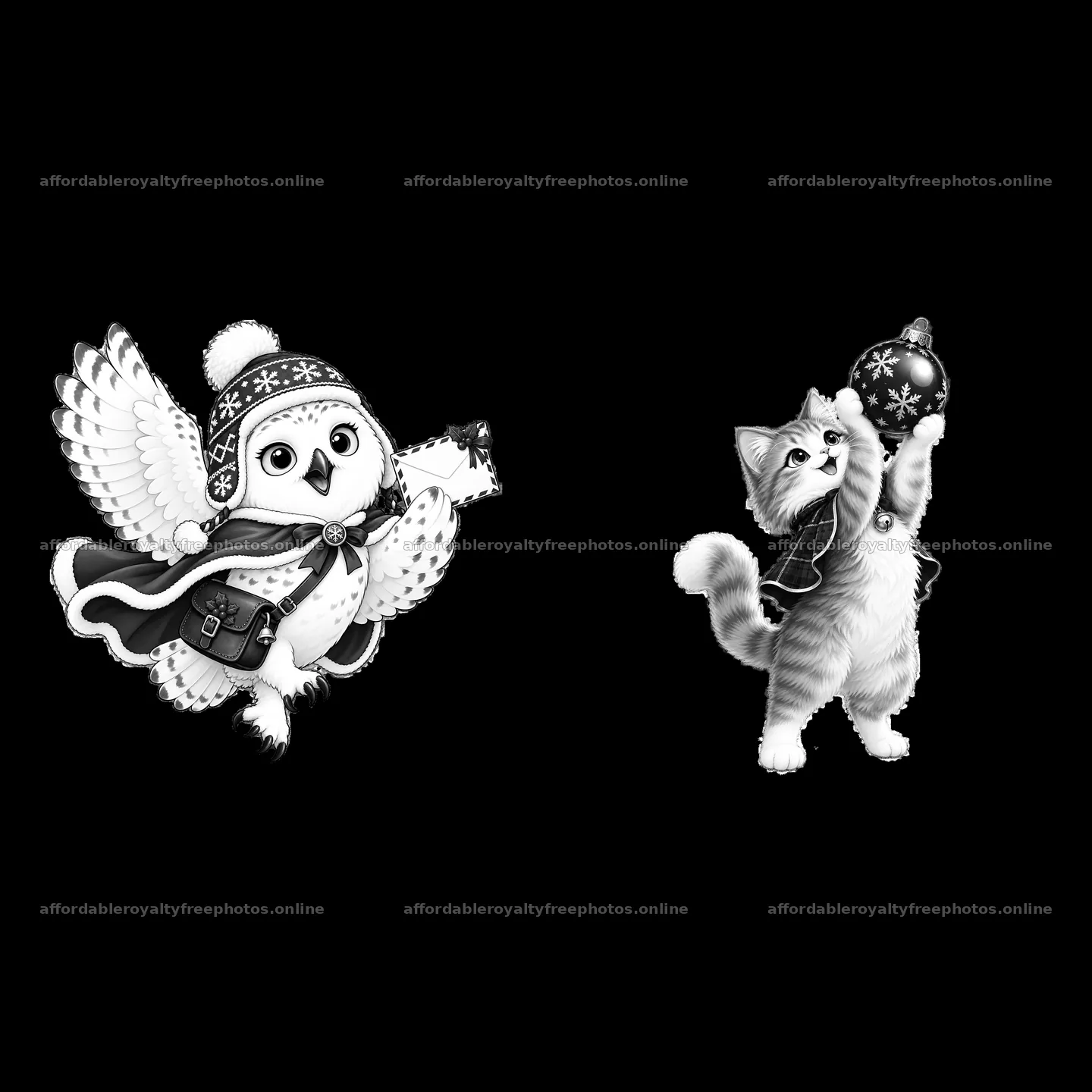 Owl and cat celebrating Christmas with a decoration and – royalty-free photos 7746x7746