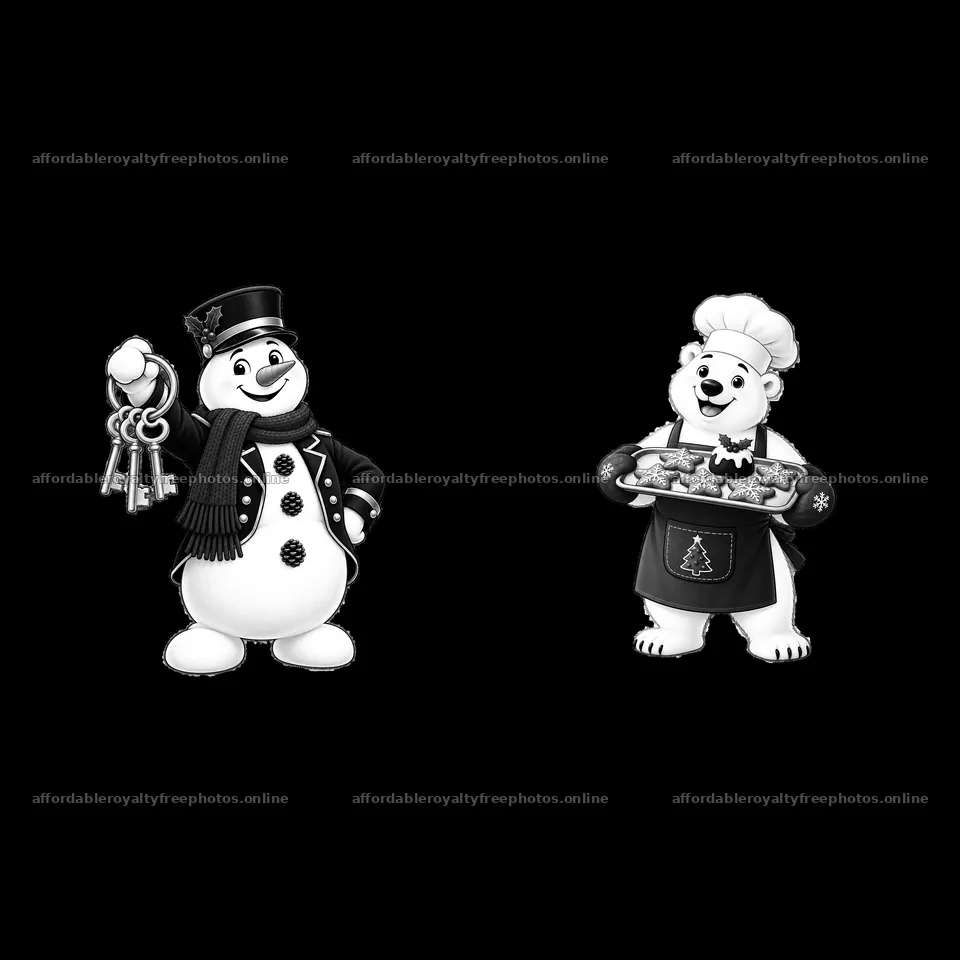 Snowman with keys and polar bear baker holding cookies – royalty-free photos 7746x7746