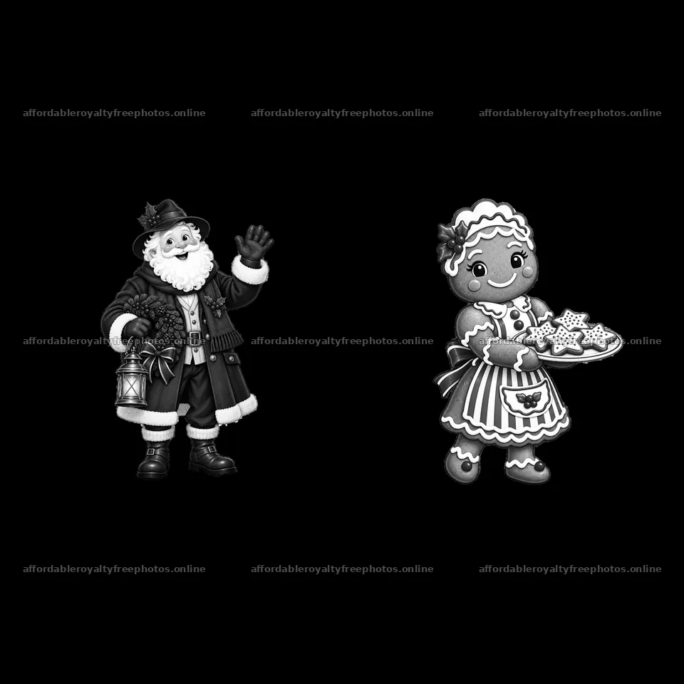 Santa Claus with gifts and a gingerbread girl with – royalty-free photos 7746x7746