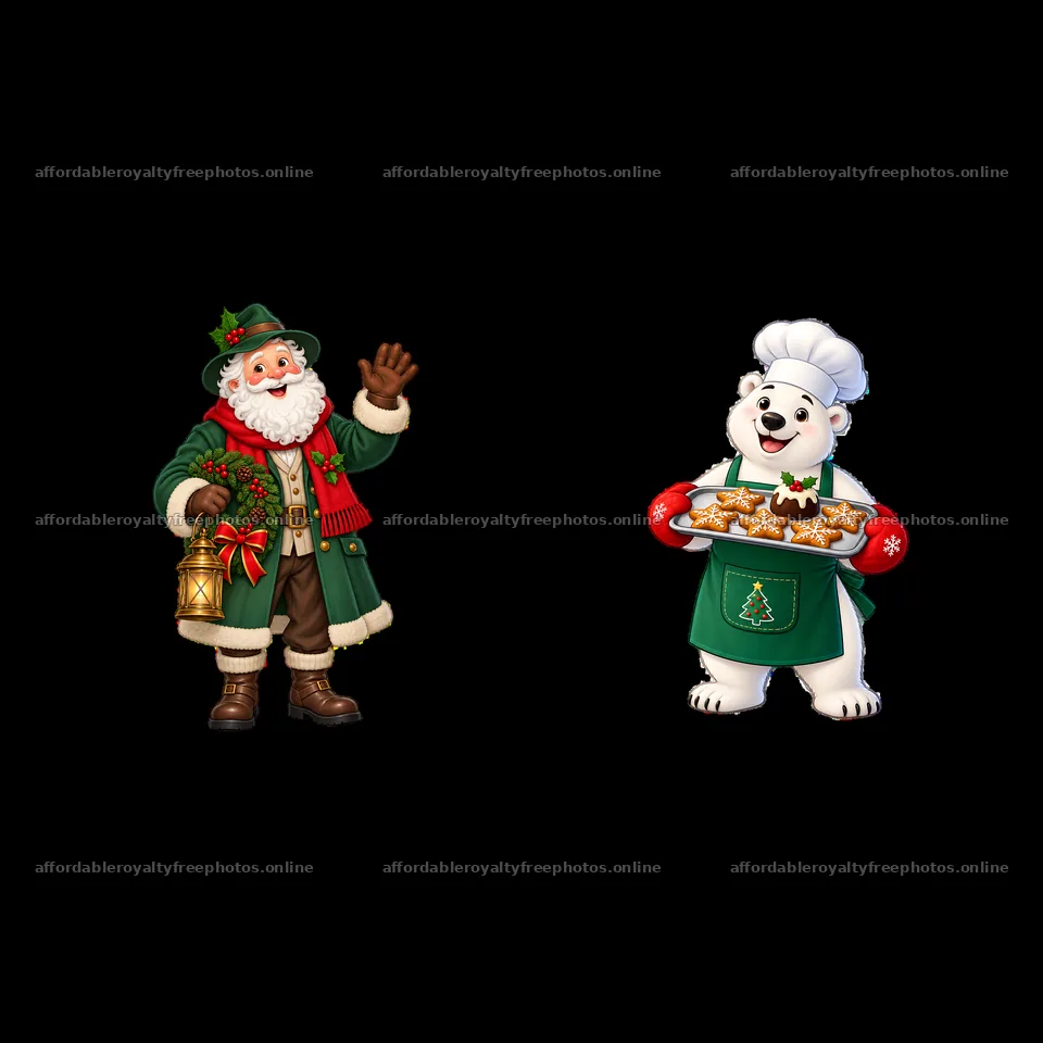 Santa Claus and polar bear chef with cookies for – royalty-free photos 7746x7746