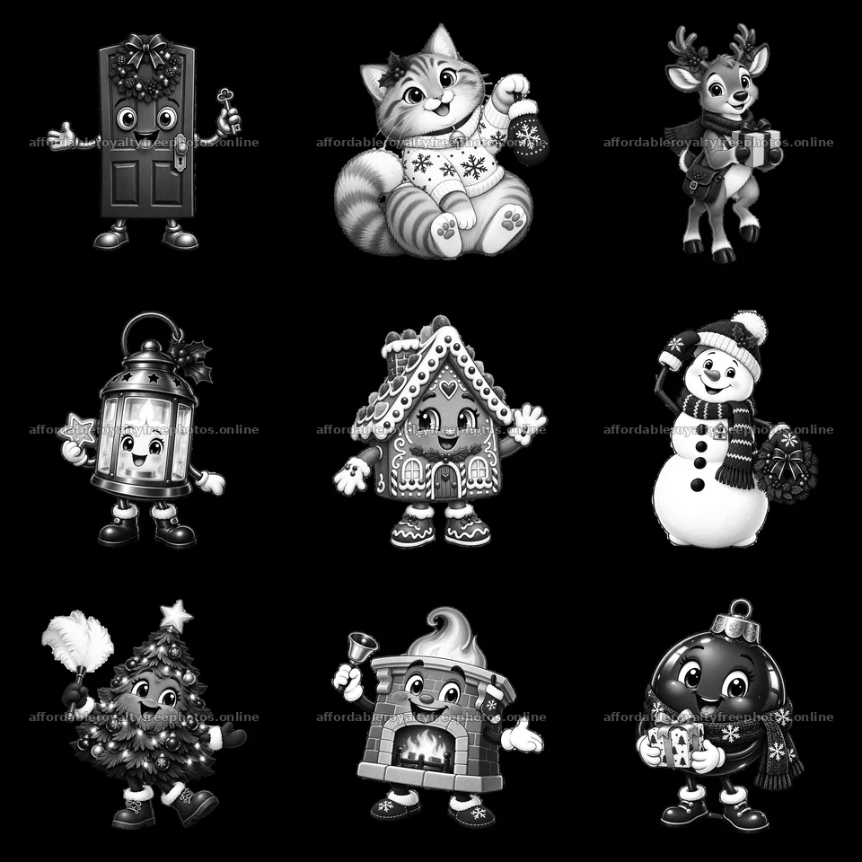 Cartoon Christmas characters in a 3x3 arrangement – royalty-free photos 7746x7746